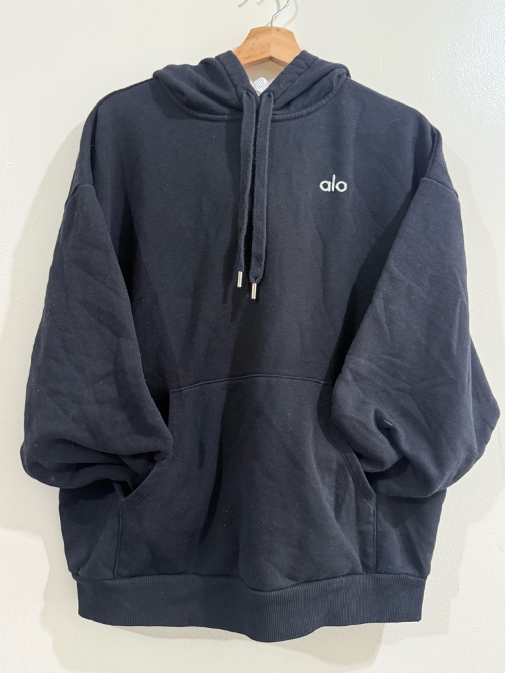 ALO Yoga Black Pullover Hoodie with White Logo - Picture 3 of 4